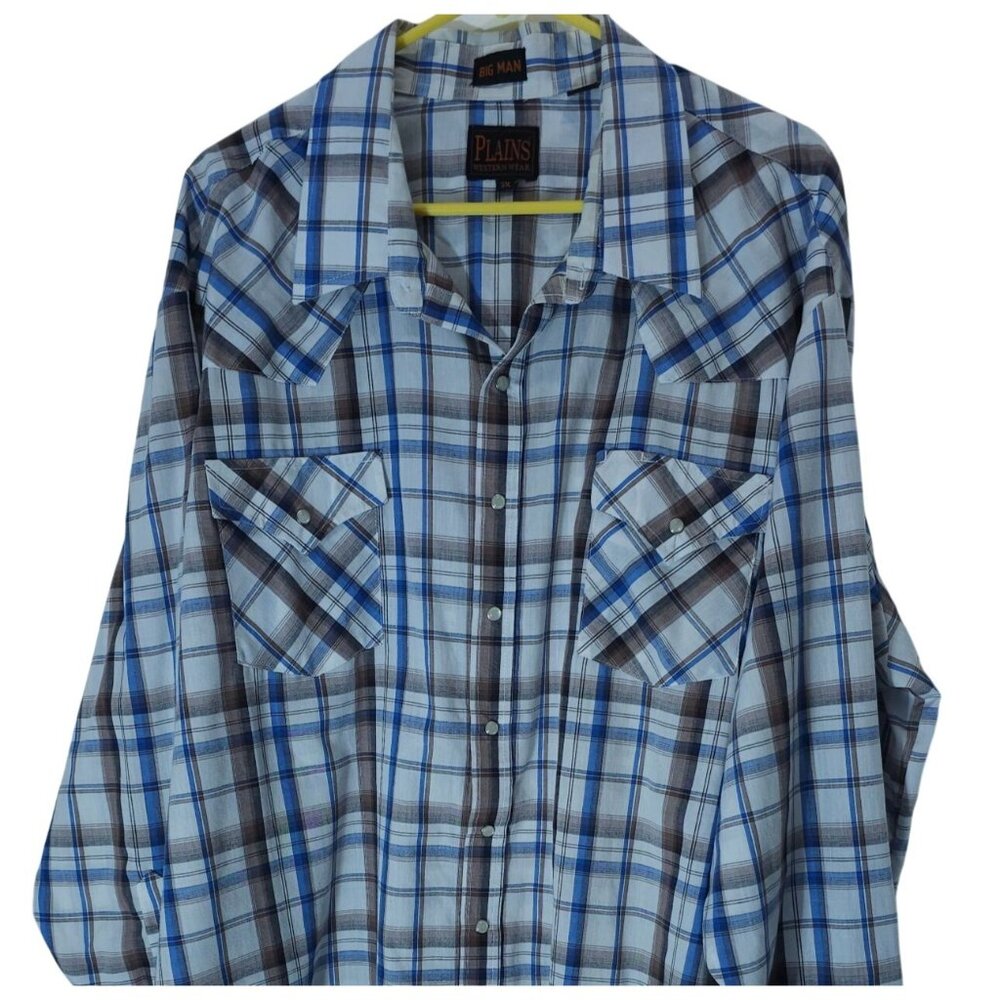 Men's 3X Plaid Western Snap Shirt Plains Big Man Cotton Blue/Brown